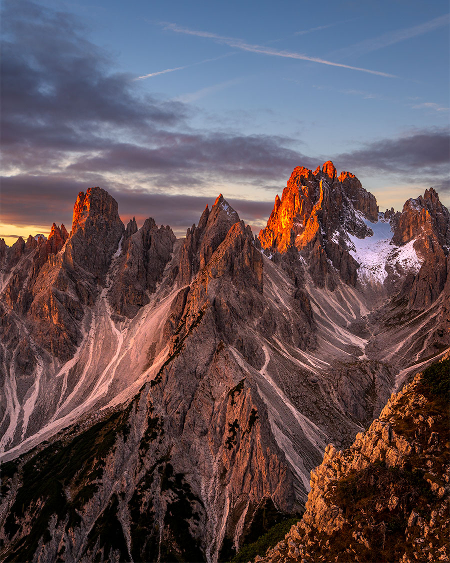 Sunrise light on the jagged peaks of Cadini di Misurina in the Dolomites