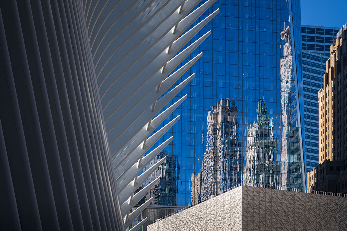 The Oculus at World Trade Center in New York City with modern architectural lines and city reflections