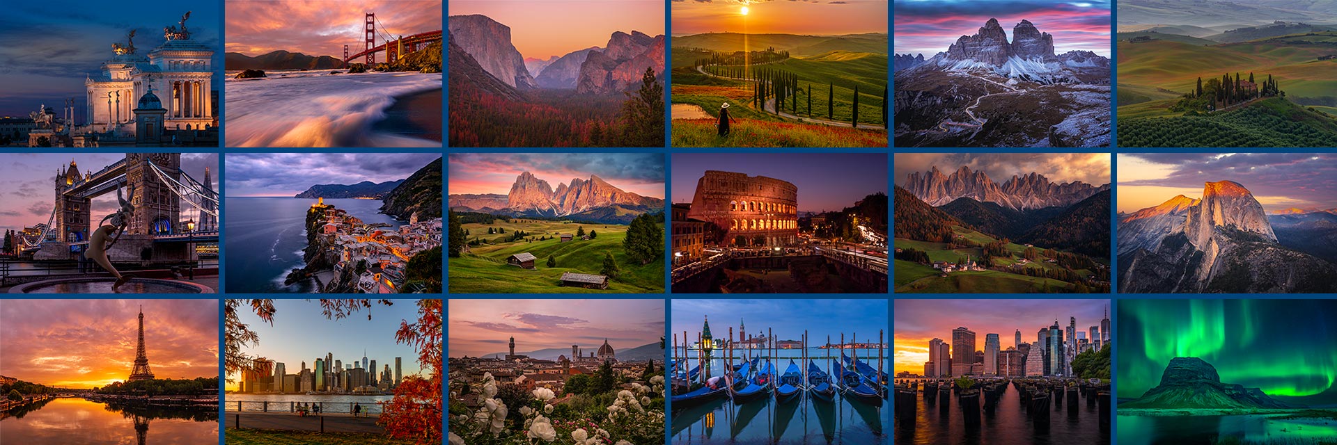 Collage of photography workshop locations in Europe and the USA